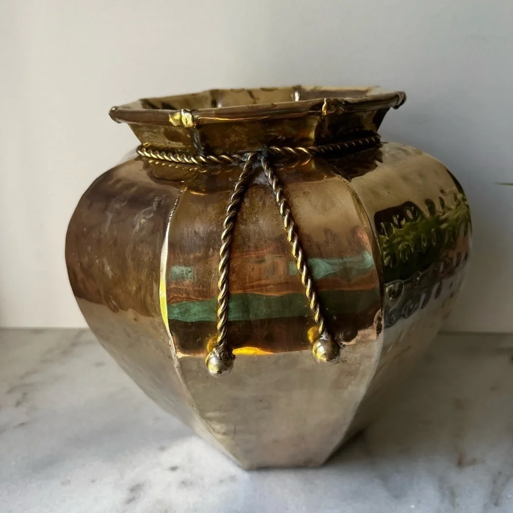 Elegant Gold Vase with Rope Detail vintage brass planter